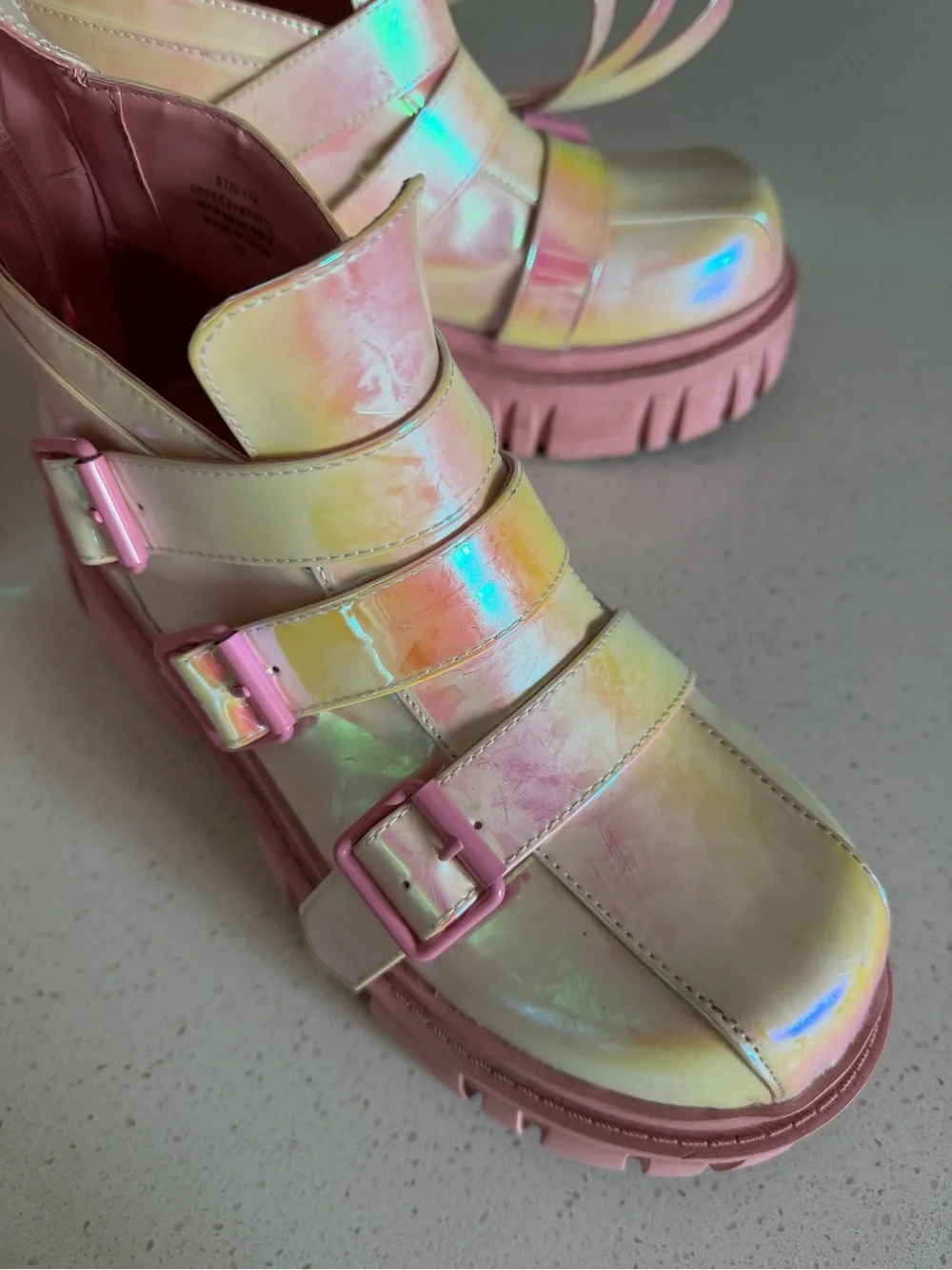 Sugar Thrillz Iridescent Pink Holographic Strappy Platform Boots